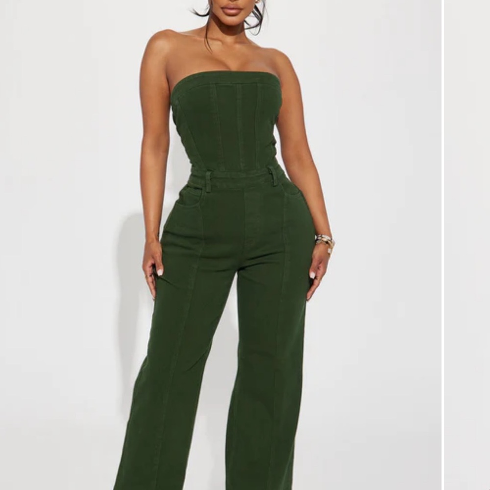 Fashion Nova Forest Green Strapless Jumpsuit